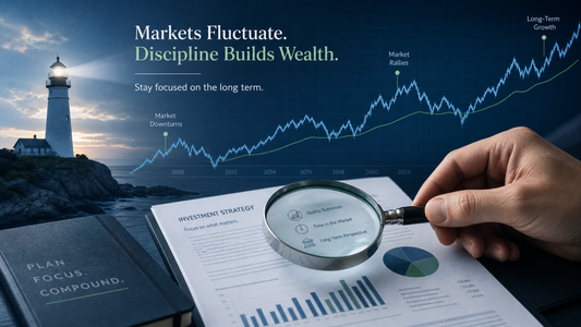 A lighthouse overlooking a volatile stock market chart, symbolizing guidance for long-term investors